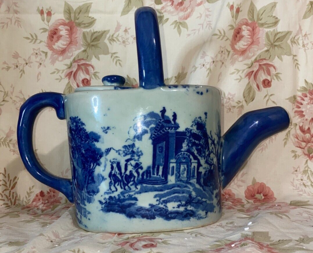Vintage Flow Blue Victoria Ware Ironstone Teapot Traditional Village