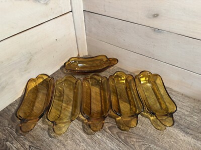 Vintage Set Of 6 Amber Glass Banana Split Ice Cream Bowls - 8.75''