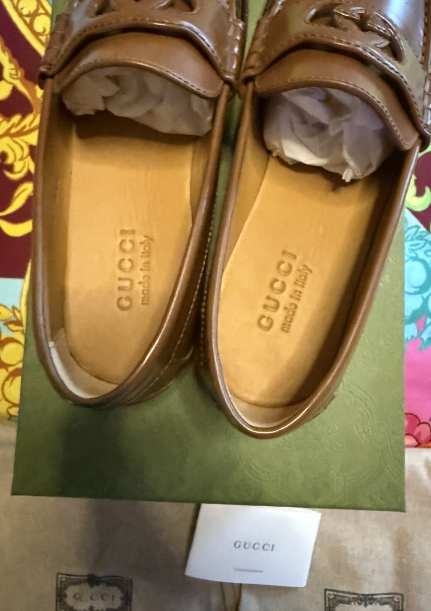 New Gucci Men's GG Logo Leather Moccasin Loafers Shoes Brown