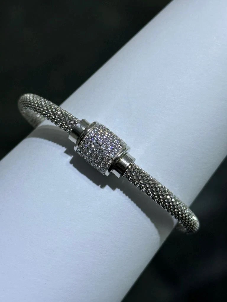 Platinum Sterling Silver White Sapphire Pave Barrel Halo Mesh