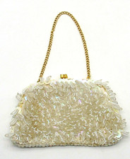 Vintage Beaded Sequin Evening Purse Cream with Gold Chain Hand Made in Hong Kong