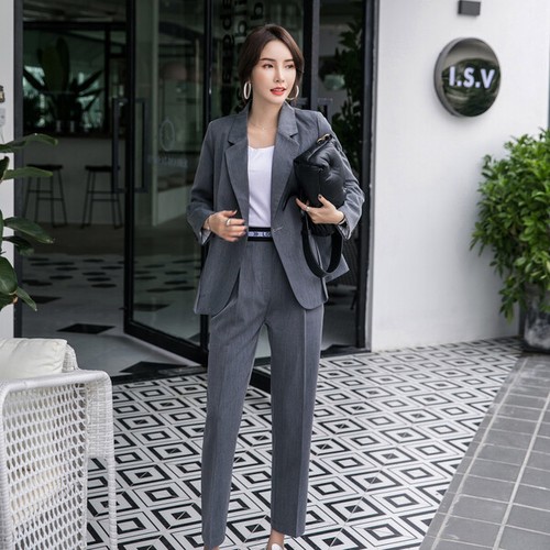 Tailleur completo grigio perla giacca manica lunga e pantalone elegante  4887 | eBay