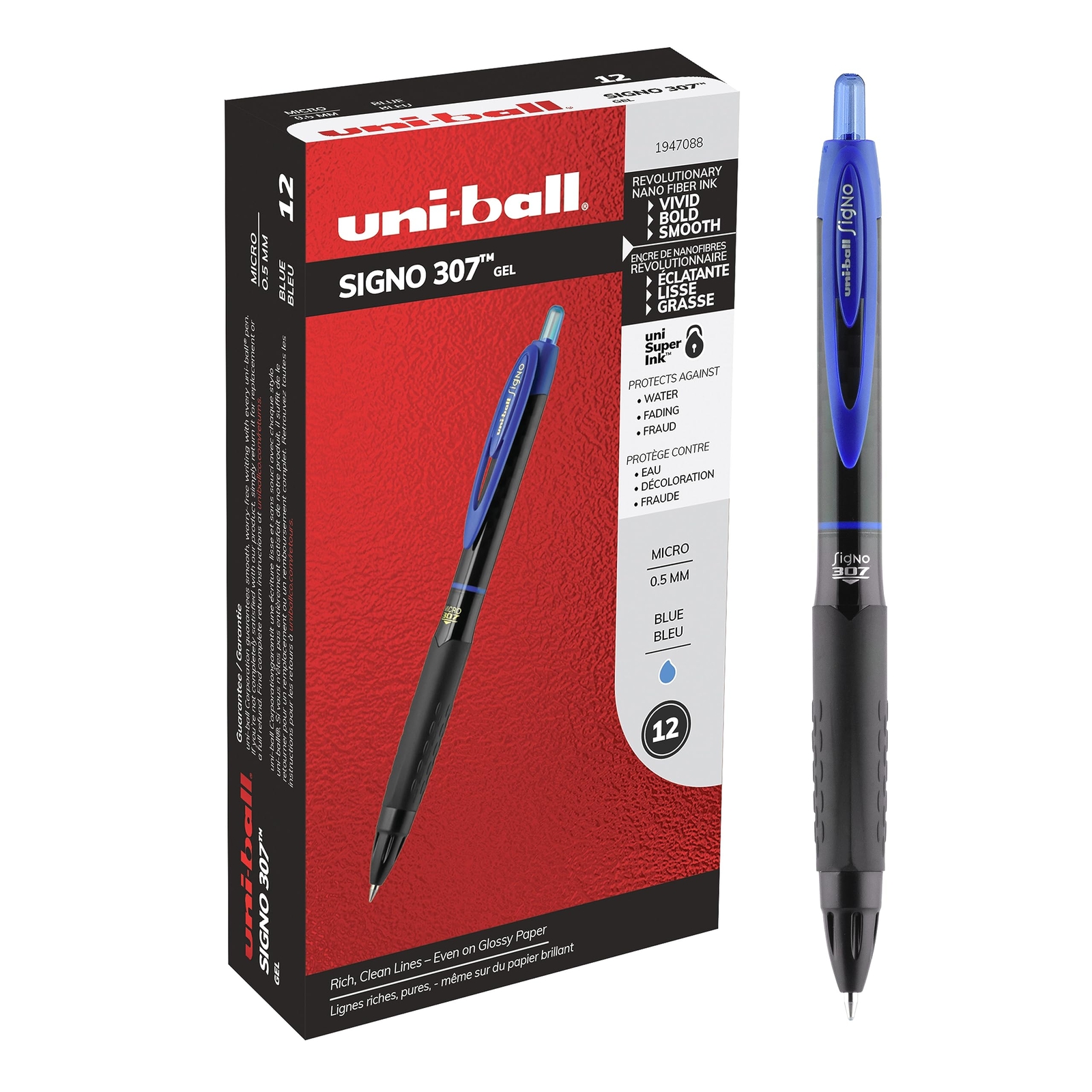 uniball 307 Gel Pen, Retractable, Micro 0.5 Mm, Blue Ink, Black Barrel, Dozen