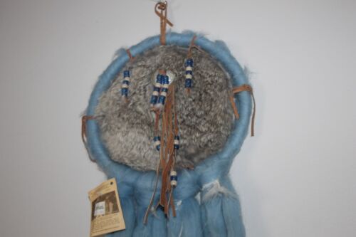 VTG Small Man-del-la Dream Catcher Handmade BLUE Wool & Hide 29”x9.5” Nice! - Picture 2 of 7
