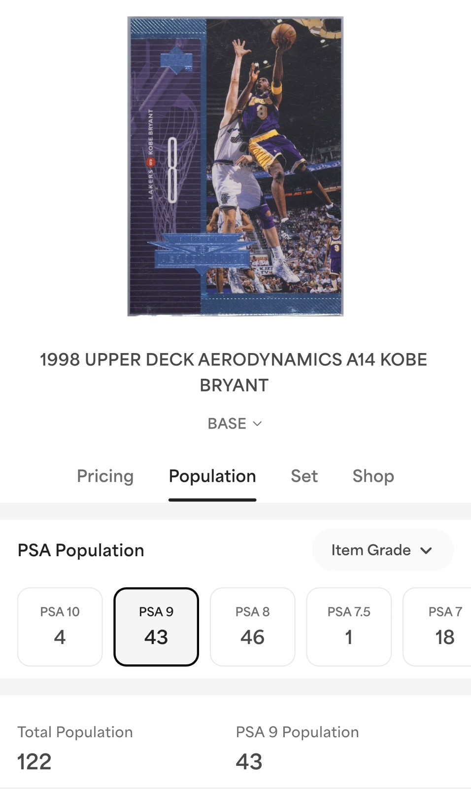 1998 UPPER DECK AERODYNAMICS BASKETBALL KOBE BRYANT LAKERS HOF PSA 9 (LOW POP) view 3