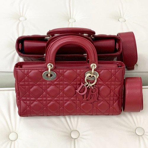 Christian Dior Lady D-Joy Lambskin Red Handbag Crossbody Gold Hardware S