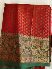 Women's Red Silk Banarasi Saree Gold Green Border Woven Motifs with blouse.