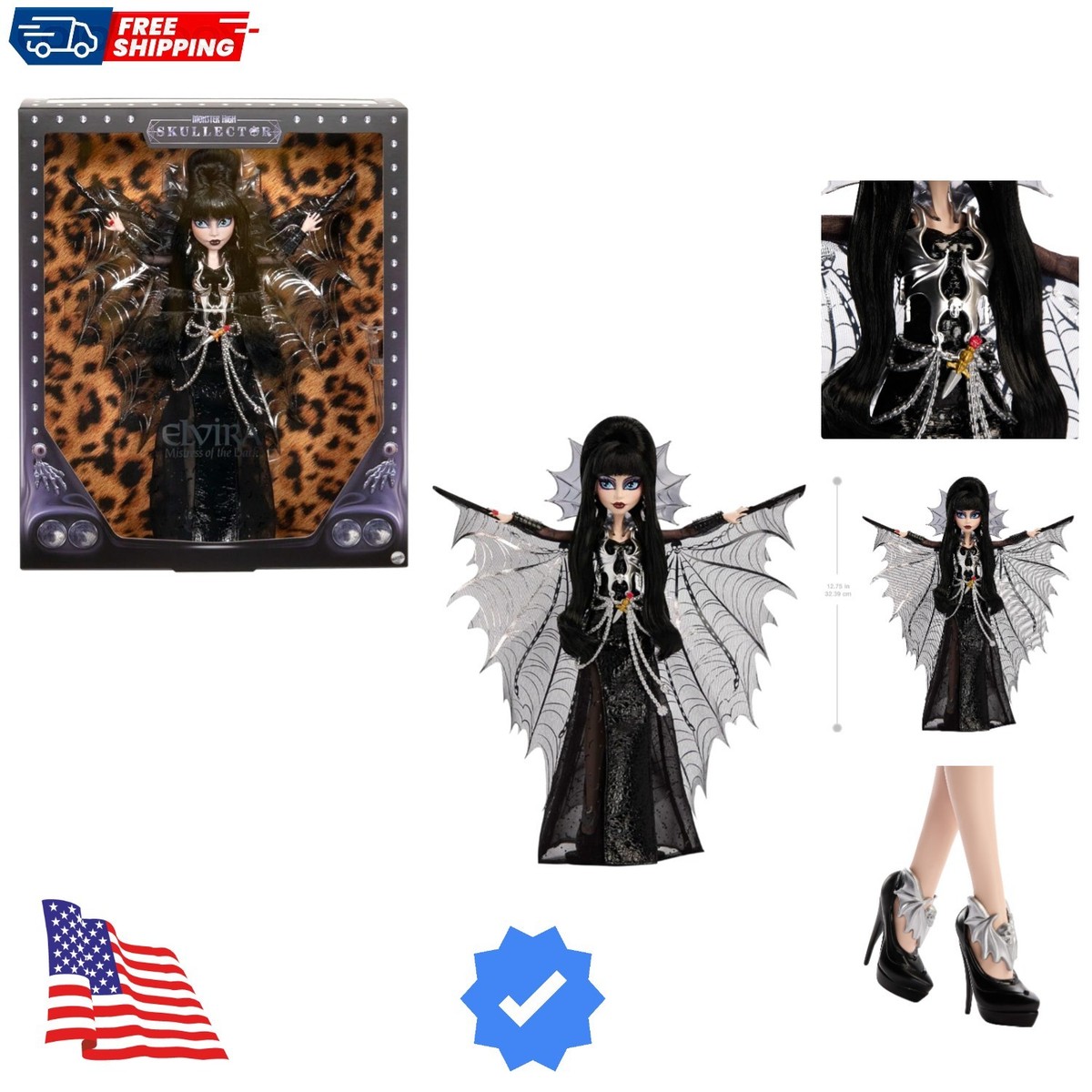 Doll, Elvira, Mistress of The Dark Collectible in Black Faux Leather Dress  wi... | eBay