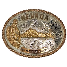 Montana Silversmiths Sterling Silver Plate Gold Nevada 125 Years Belt Buckle 89'