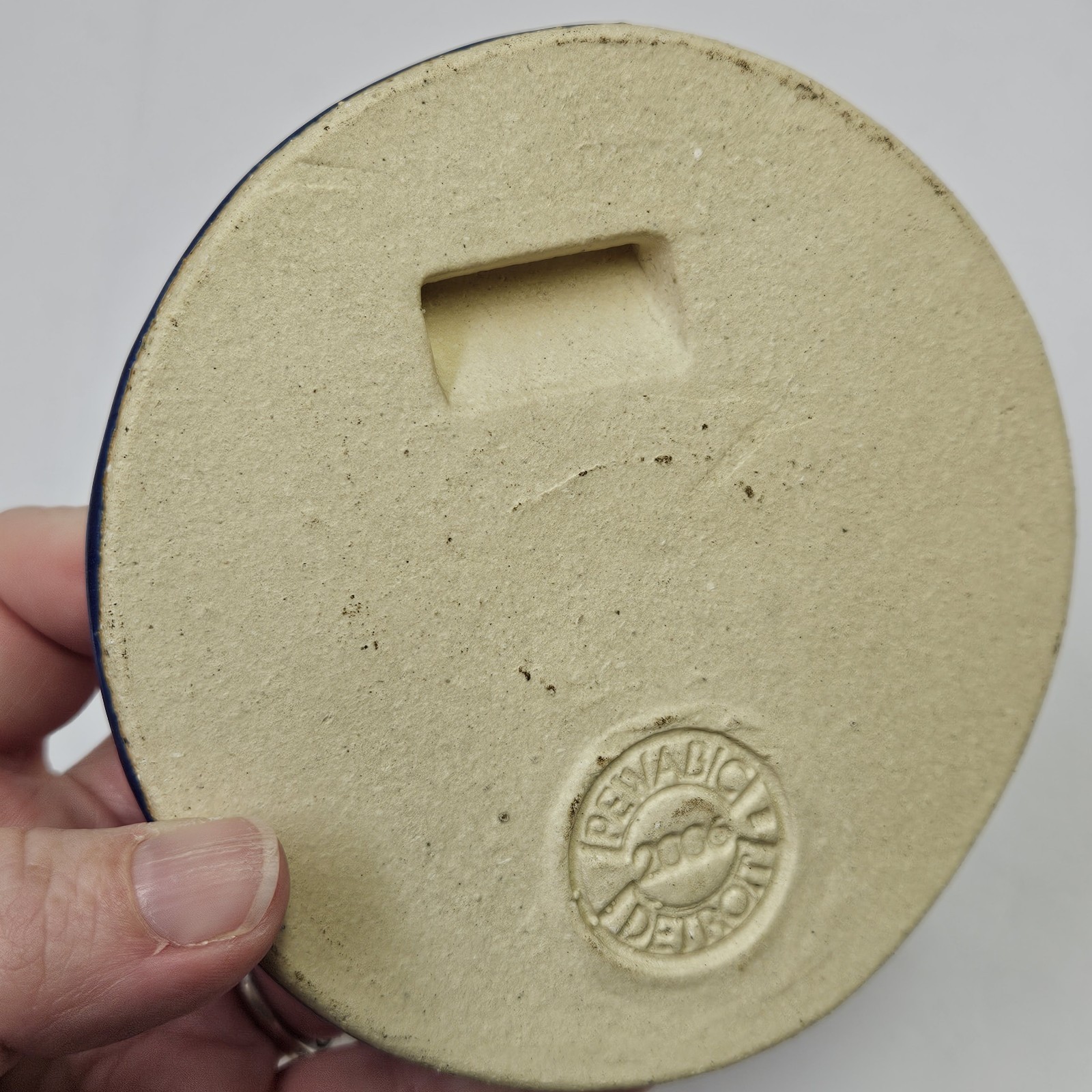 Pewabic Pottery Tile Round Matte Blue Flower 2006 Detroit Arts & Crafts Style