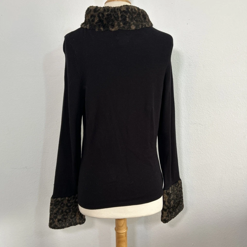 INC Sweater Women M Black Faux Fur Leopard Cuffs Collar Glam Mob Wife Y2K Retro - Image 4 of 4