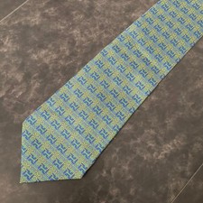 Hermes Silk Tie Green Geometric Pattern Made in France Used