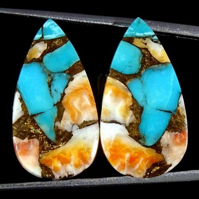 21.20Cts Orange Spiny Oyster Copper Turquoise Pear Pair Loose Gemstone