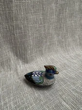 Chinese Bird Duck Cloisonné Trinket Dish Metal Enamel 