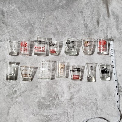 14 Distillery Shot Glasses Lot BOURBON, WHISKEY, DICKEL, Cuervo, Makers Mark Etc