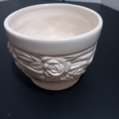 Vintage Rose Embossed Ceramic Cachepot-Ironstone White Floral Planter, 3.5'' tall