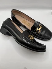 Salvatore Ferragamo Women Black & Gold Gancini Loafers Shoes Sz 8 MSRP $895