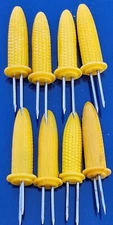 Vintage Corn on the Cob Holders Skewers Set of 8 Yellow Plastic Stainless Tines