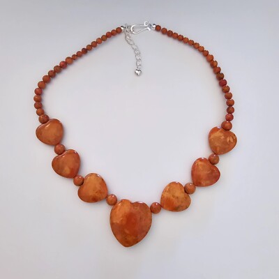 Jay King Orange Coral Beaded Heart Necklace 925 Sterling Silver 18''-21'' DTR