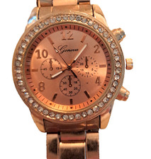Geneva Women's Rose Gold Chrono Wrist Watch New Battery 6.5"
