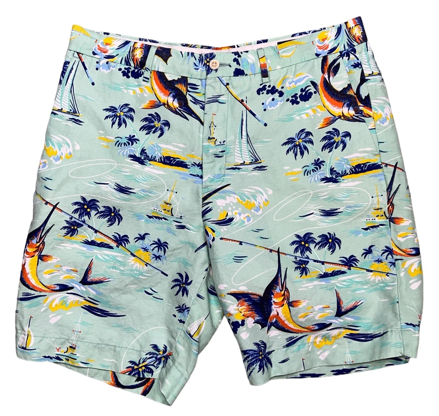 Mens Polo Ralph Lauren Linen Blend Hawaiian Fish Shorts Sz 34 Green Classic Fit
