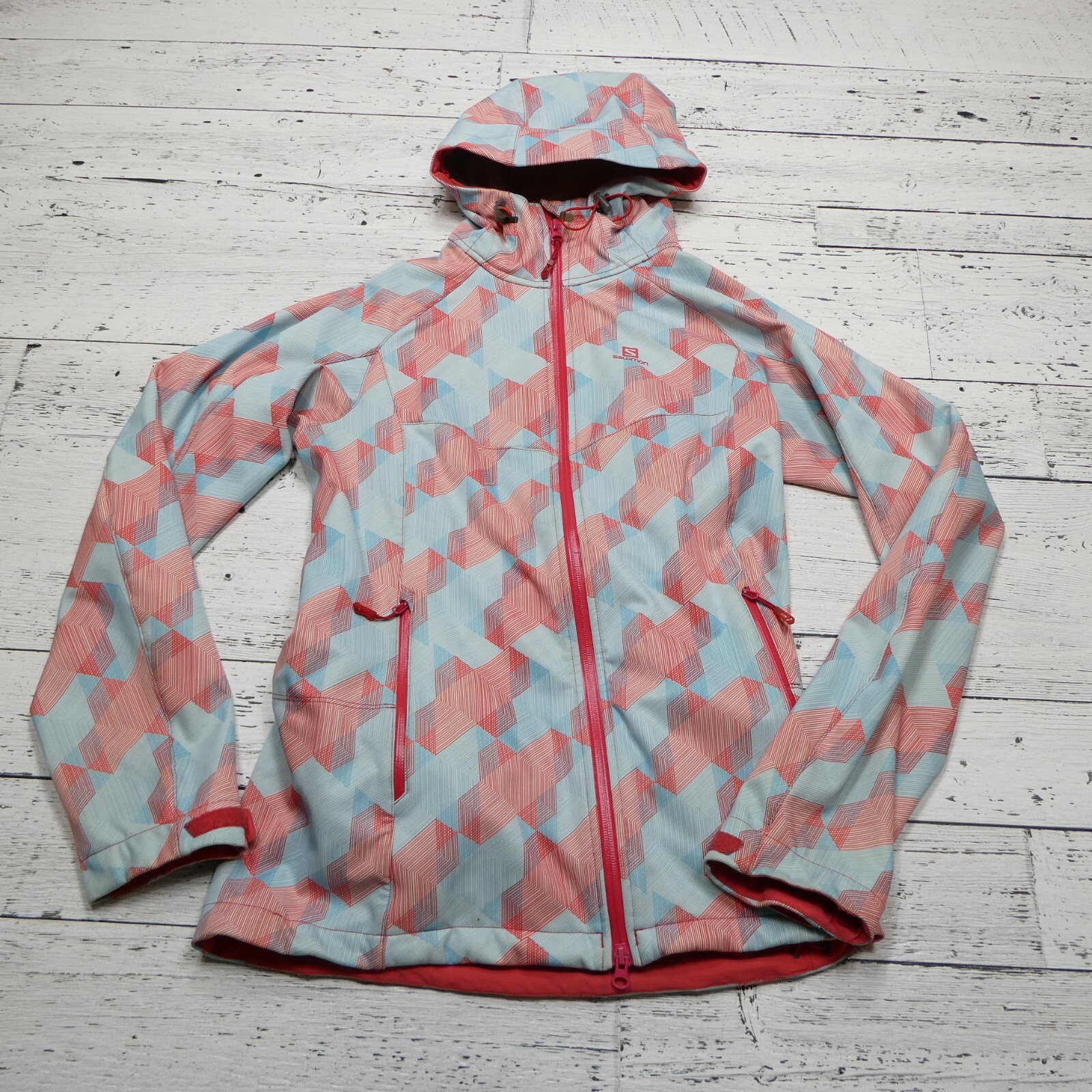 Giacca sci Salomon donna S blu rosso softshell geometrica full zip foderata in pile