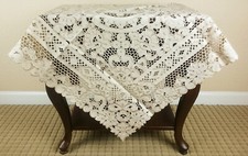 Beige 33" Square Floral Full Cutwork Embroidery Polyester Tablecloth Table Cover