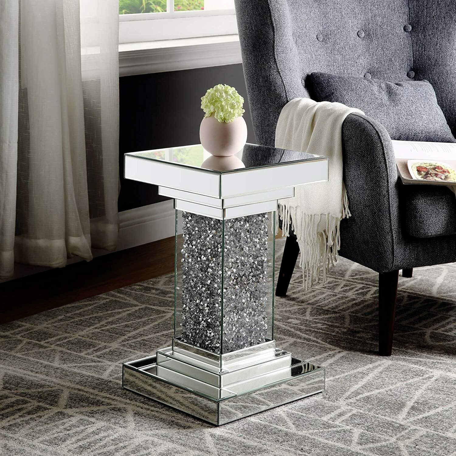 Mirrored Pedestal Stand End Table Accent Sofa Side Furniture Mirror Top Crystal