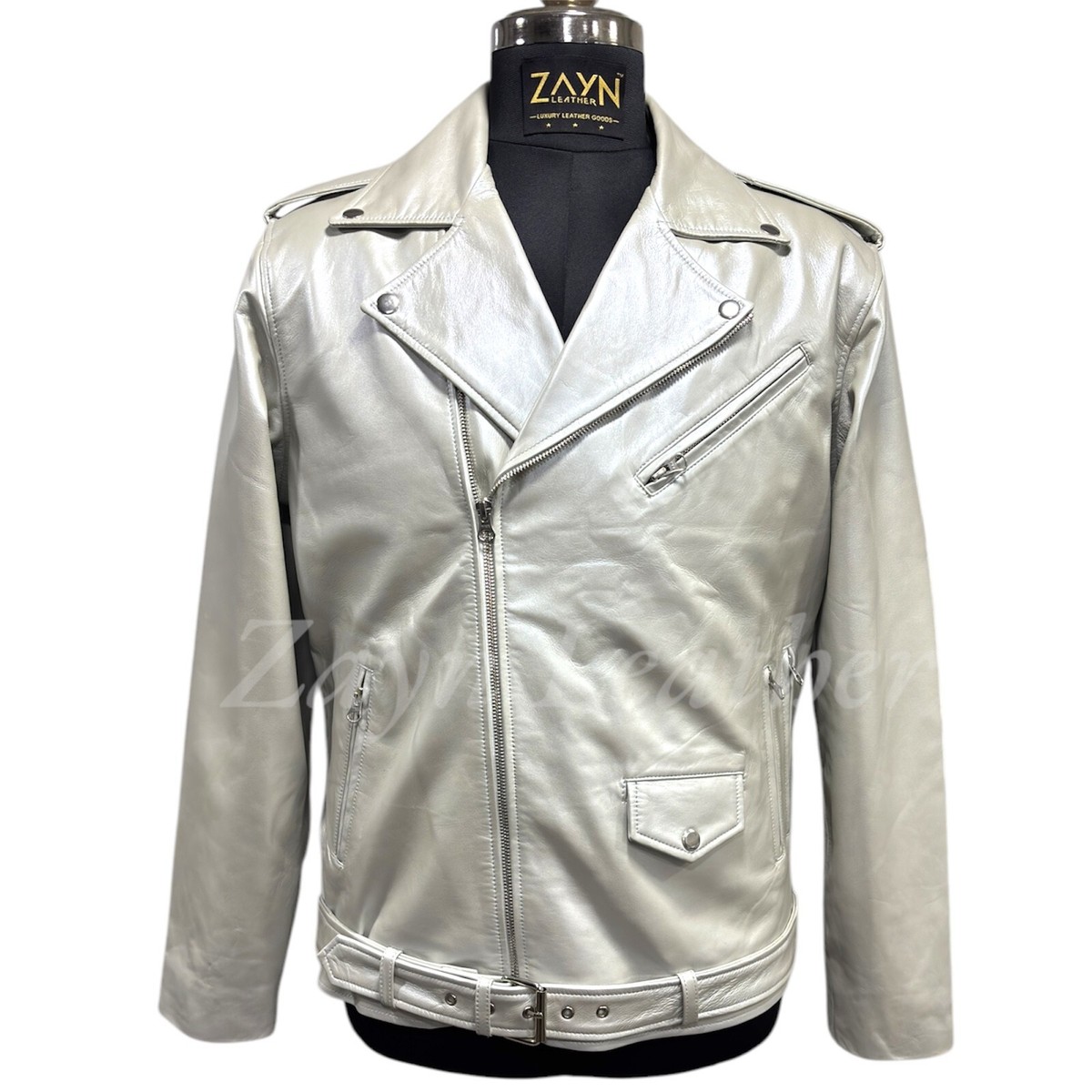 Men Classic Silver Leather Jacket Real Lambskin Leather Motorcycle