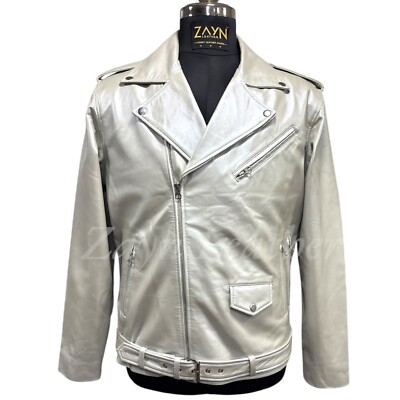 Men Classic Silver Leather Jacket Real Lambskin Leather Motorcycle Biker  Jacket