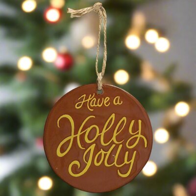 Primitive/Farmhouse Ceramic Stamped Holly Jolly Christmas Ornament with Jute
