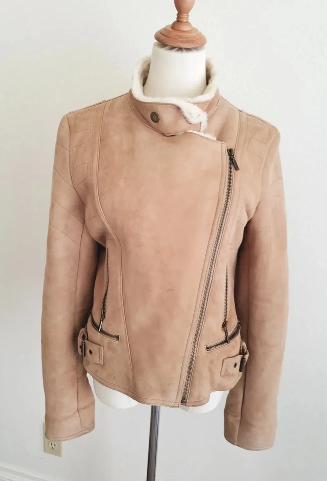 Jaqueta casaco pele de carneiro Danier shearling moto motociclista funil pescoço xale P/M