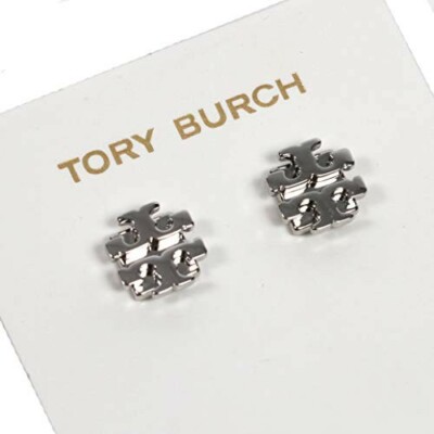 Tory Burch Small T Logo Stud Earrings Silver Tone Pouch for