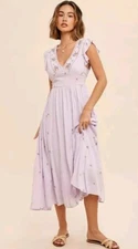 In-Loom Embroidered Lace Ruffle Sleeve Midi Dress in Lilac Size Small GUC.    OC