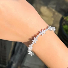 Dazzling Silver Plated Cubic Zirconia Women Flower Pearl Chain Link CZ Bracelet 