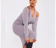 NWT PrettyLittleThing Gray Halter Neck KnittedLong Sleeves Mid Dress Plus XXL