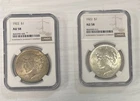 (2) 1922 AU 58 NCG Peace Silver Dollar 90% Silver Coins!