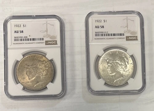 (2) 1922 AU 58 NCG Peace Silver Dollar 90% Silver Coins!