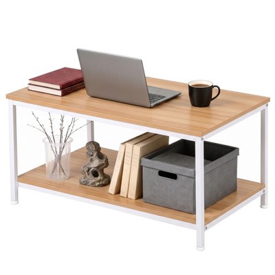 Modern 2-Tier Coffee Table Rectangular Side Table with Metal Leg for Living Room
