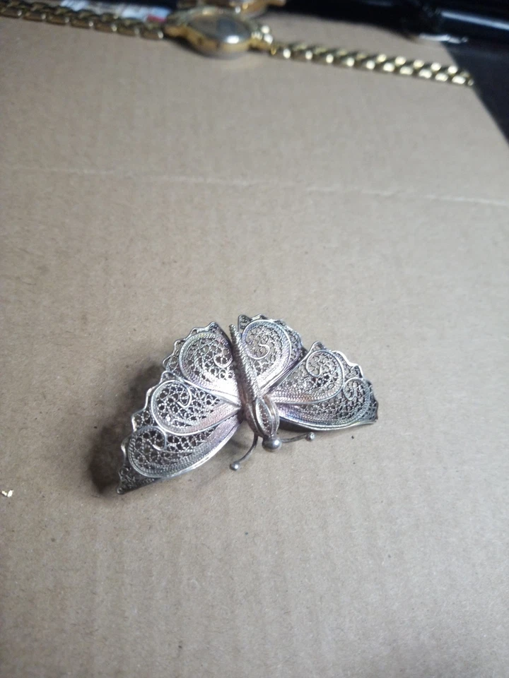 Vecchia Spilla Farfalla filigrana Argento 800 anni 50 - Immagine 4 di 4