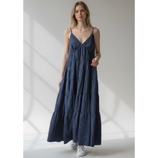 Abercrombie Fitch Dress Large Navy Blue Tiered Maxi Spaghetti Strap Tie Back