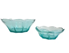 Vintage MCM Anchor Hocking  Aqua Blue Ruffled Edge Chip And Dip Set Bowls