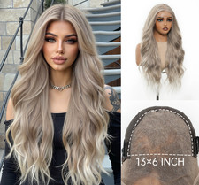 Long Wavy Ash Blonde Mix Brown Human Hair Blend Full Lace Front Wig Heat OK Wigs
