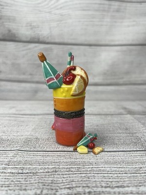 VTG PHB Style Tropical Drink Porcelain Hinged Trinket Box W/ Fruit Trinkets 