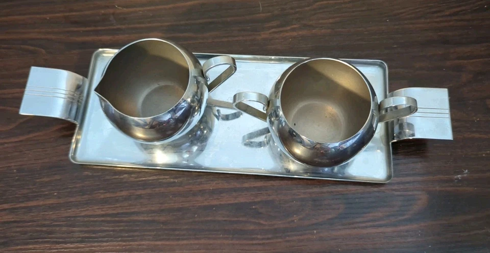 Juego de crema y azúcar con acabado cromado Revere, Art Deco, años 30, vintage con bandeja Foto 2 de 4
