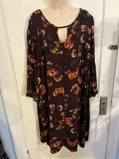 Terra & Sky Women’s Midi Floral Dress, Bell Sleeve, Keyhole, Rayon Soft, Tieback