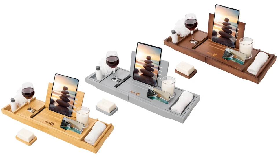 HOMIU Extendable Bamboo Bathtub Caddy Rack Wooden Bathroom Shelf Storage Organiser UK