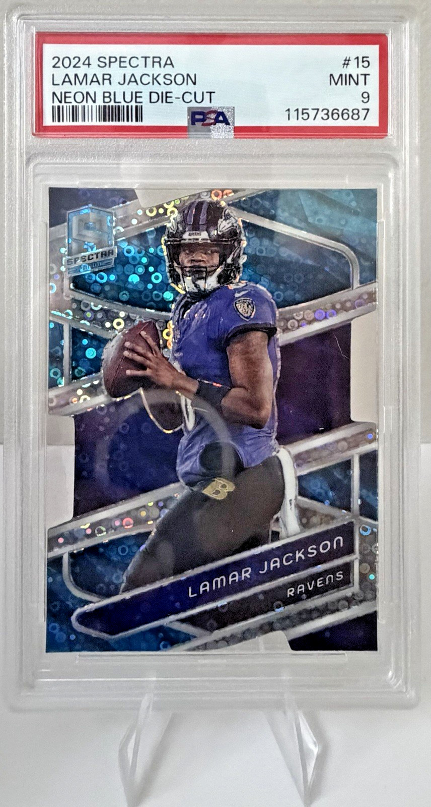 Panini 2024 Spectra Lamar Jackson #15 Neon Blue Prizm Die-Cut /50 PSA 9 Ravens