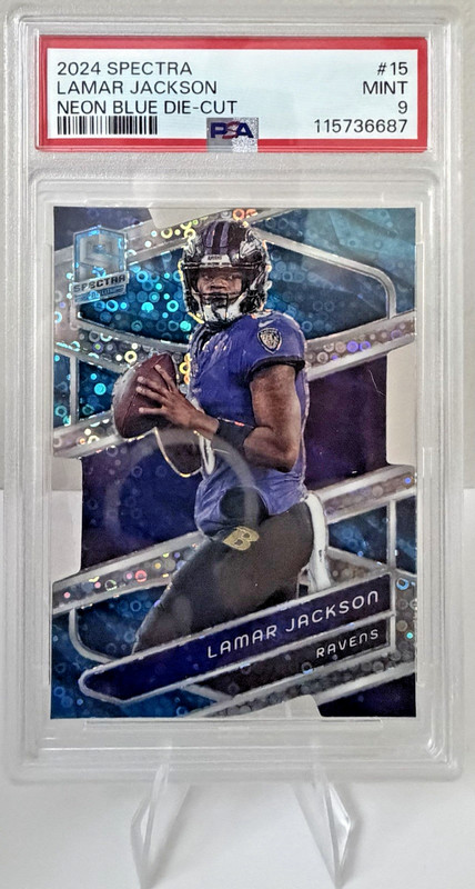 Panini 2024 Spectra Lamar Jackson #15 Neon Blue Prizm Die-Cut /50 PSA 9 Ravens