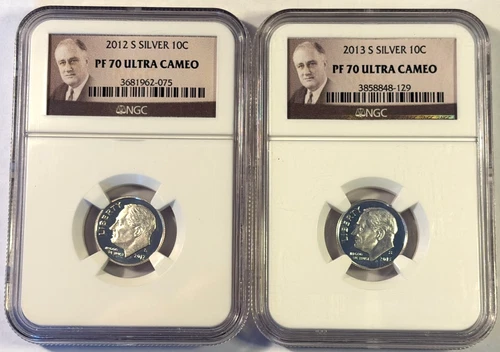 2012s & 2013s Roosevelt Silver Proof Dimes 2 PF70 Ultra Cameo NGC Free Shipping!